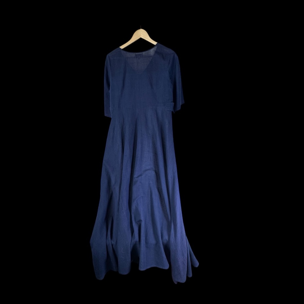 Jaypore Navy 100% Cotton Fit Flare V-Neck Midi‎ Dress Sz M
